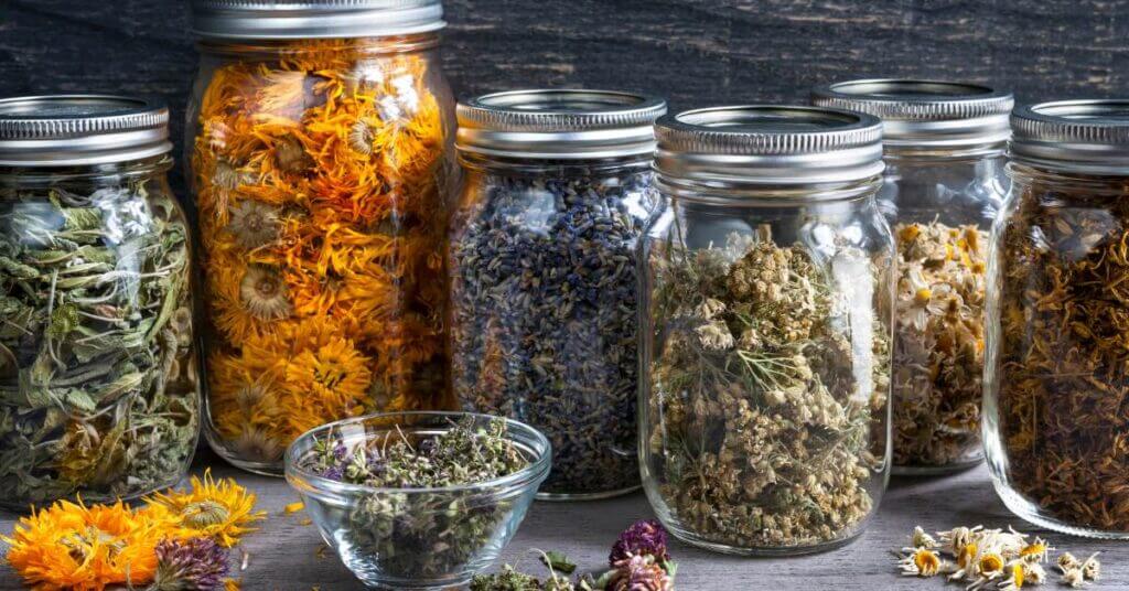 dehydrated herbs in jars