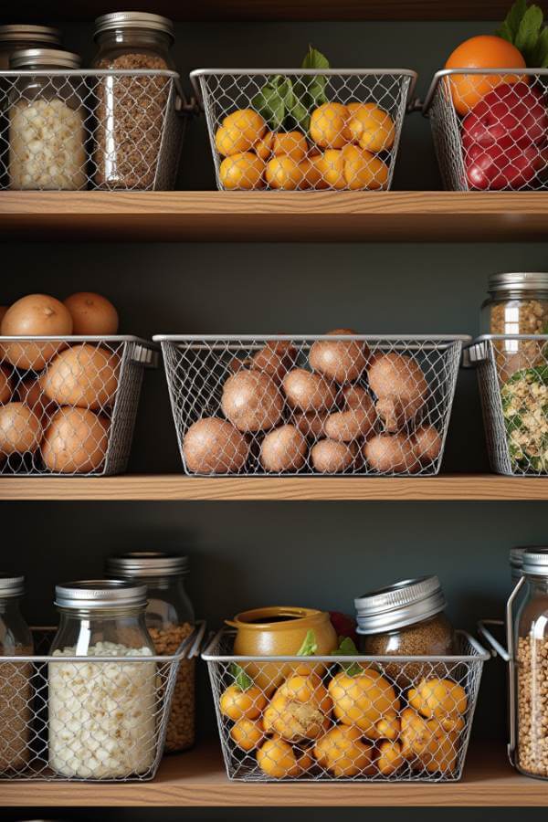 wire pantry baskets full of pantry staples