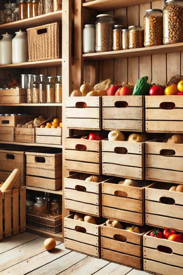 pantry organized with wooden milk crates