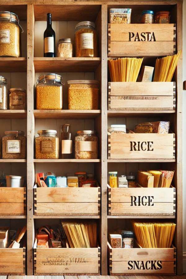 wine crates repurposed into pantry storage
