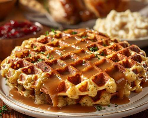 leftover-stuffing-waffles-with-turkey-gravy