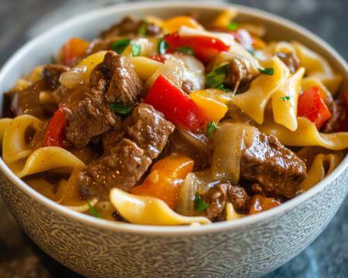 philly-cheesesteak-beef-tips-noodles-one-pot-recipe