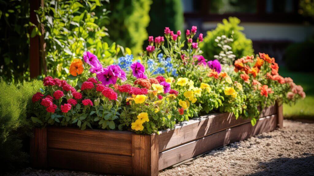 a wooden planter box filled with colorful flowers