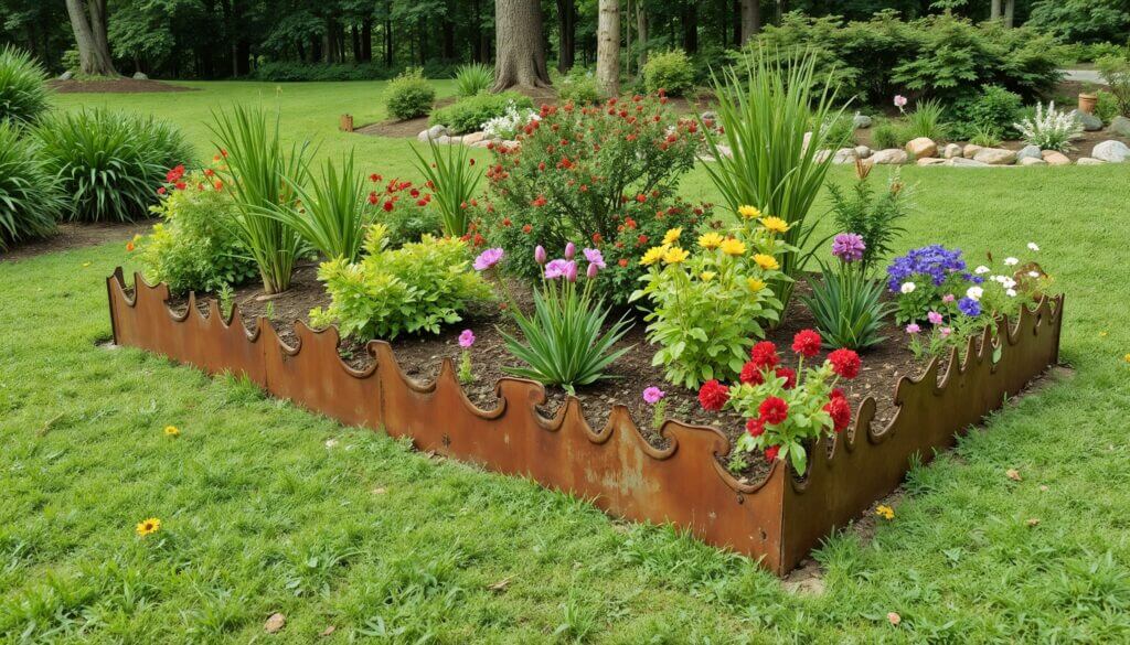 a rustic flower bed with beautiful flowers and plants