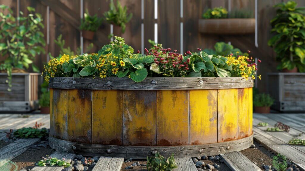 a pretty planter with flowers in it
