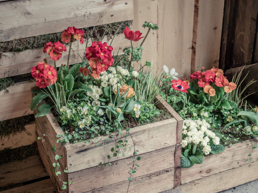 a wooden box with flowers