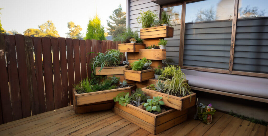 wooden tiered planter box on deck