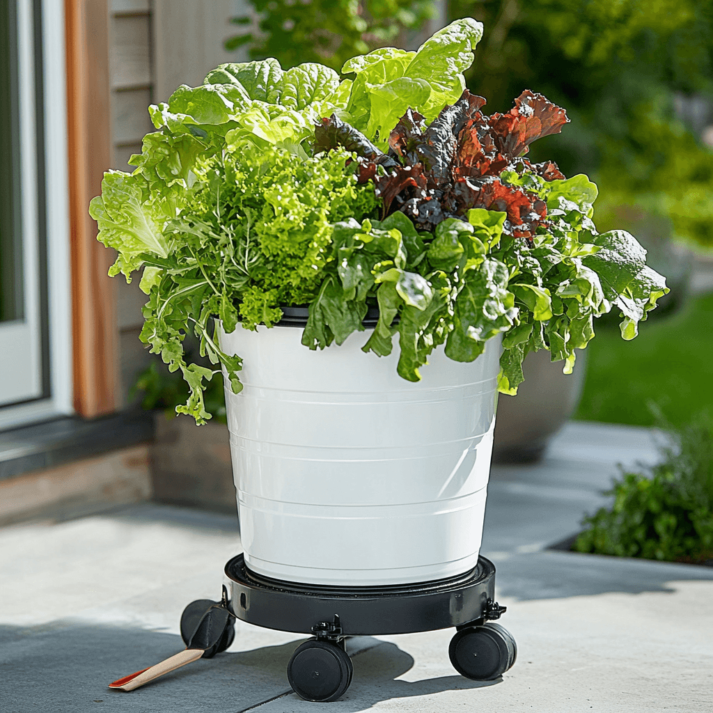5-gallon salad bucket garden on wheels