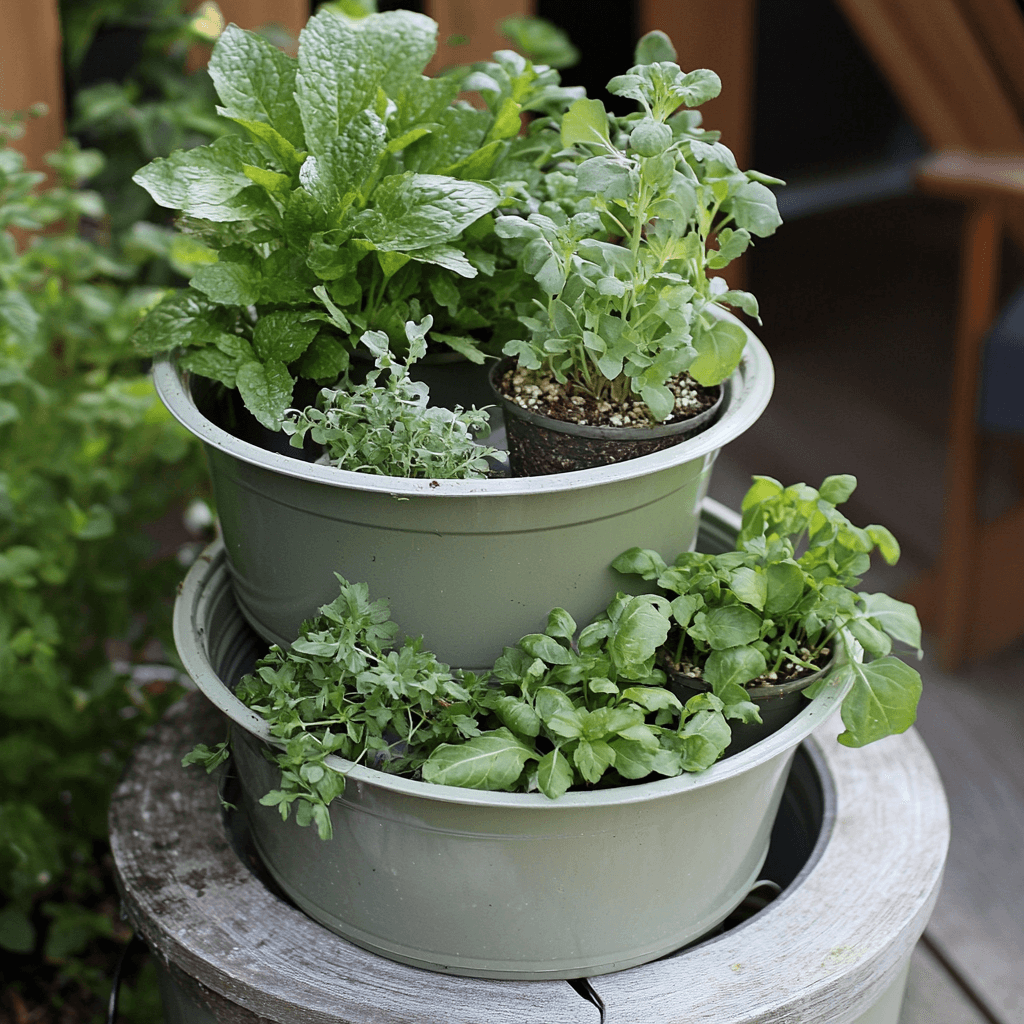 herbs in a tiered, 5-gallon bucket planter