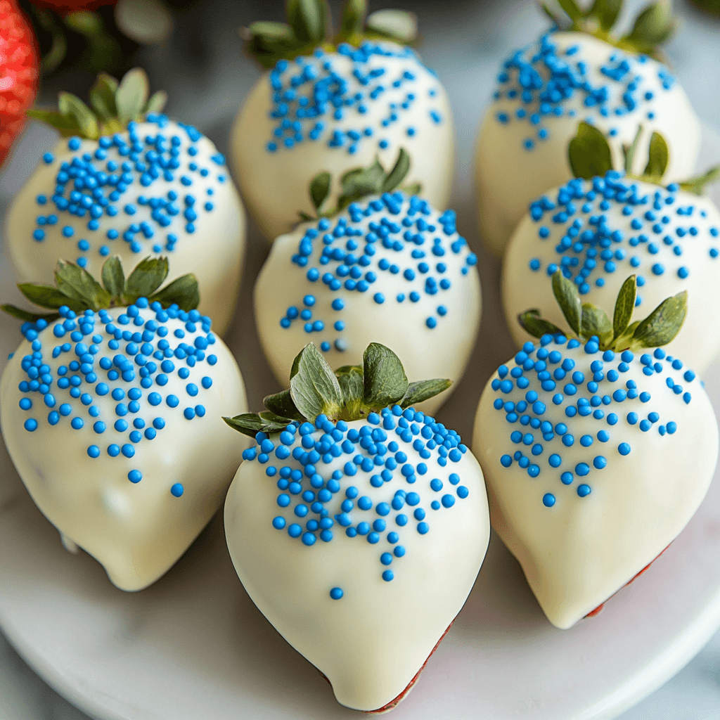 white chocolate dipped strawberries with patriotic blue sprinkles