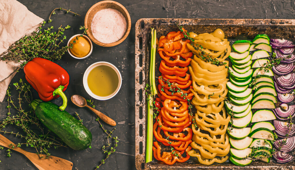 roasted vegetables on a sheet pan