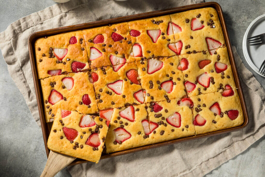 Sheet Pan Pancakes with Strawberries and Chocolate