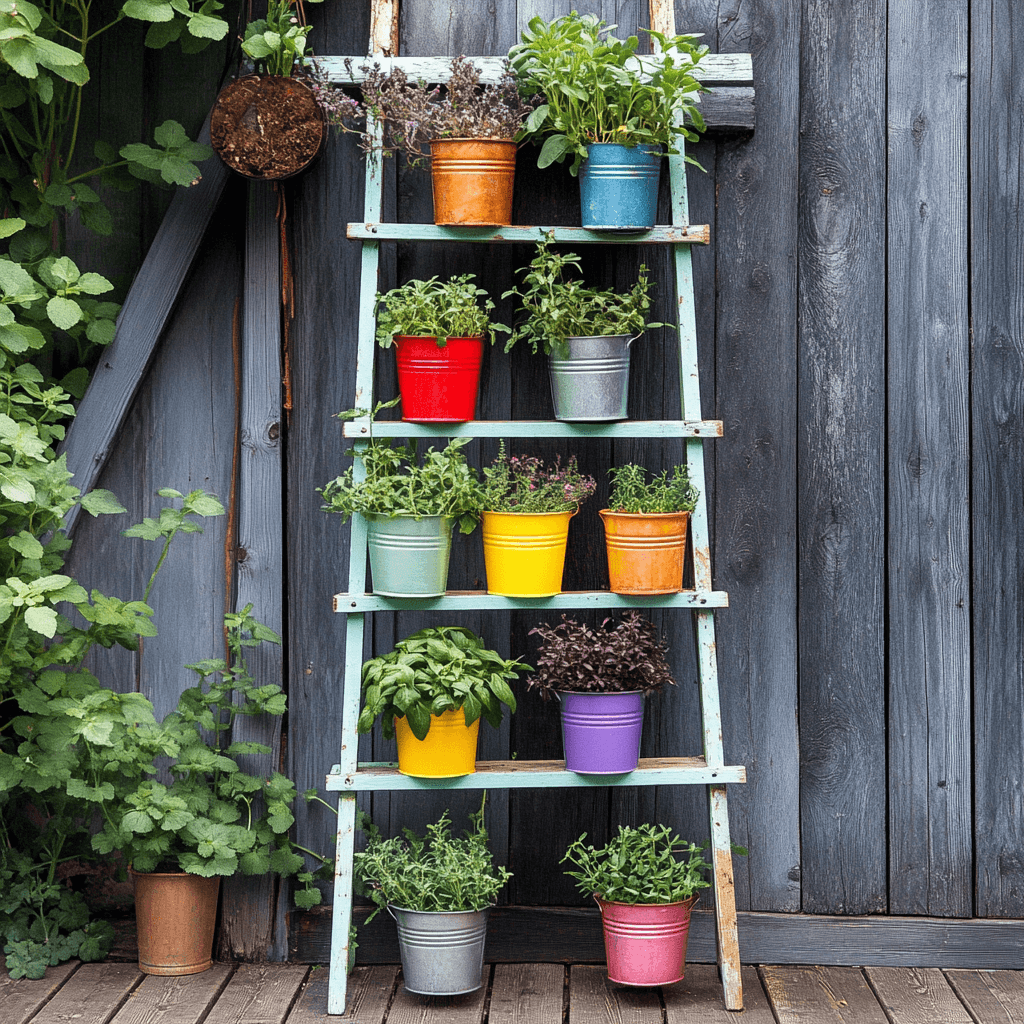 ladder herb garden with painted pots