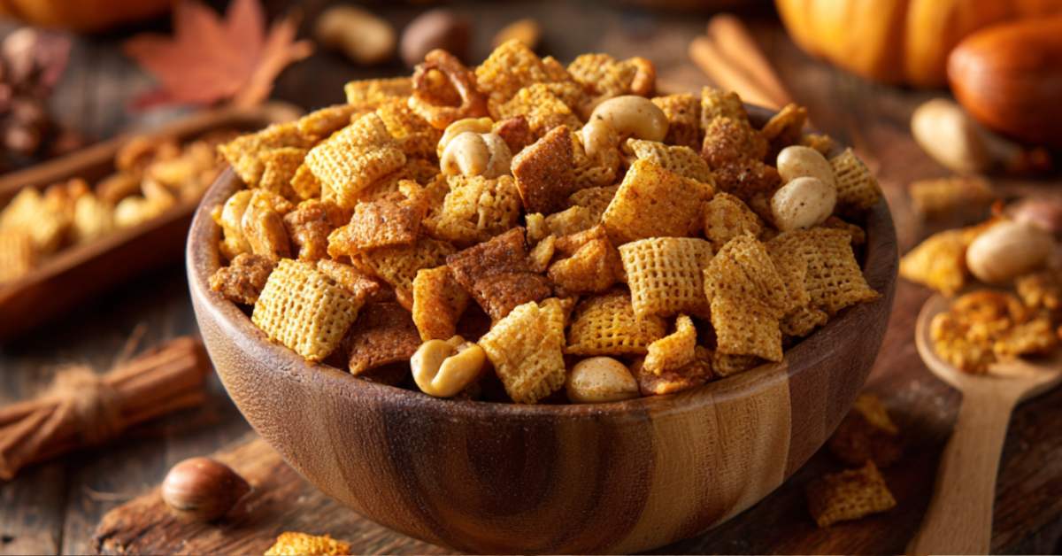 Pumpkin Spice Crunch Mix - Corn Chex cereal, wheat Chex cereal, oyster crackers, peanuts, melted butter with pumpkin pie spice, garlic powder, and onion powder