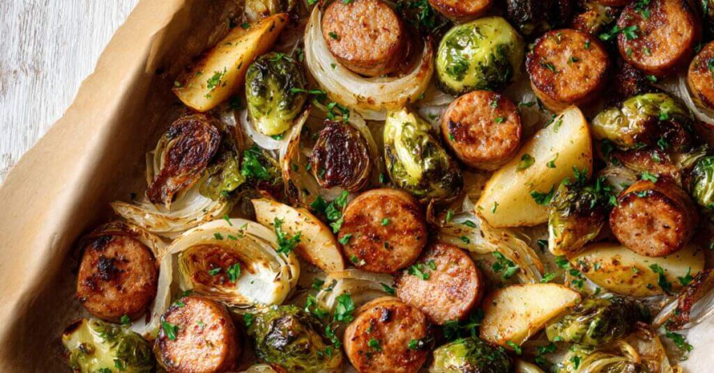 Sheet Pan Chicken Apple Sausage With Brussels Sprouts