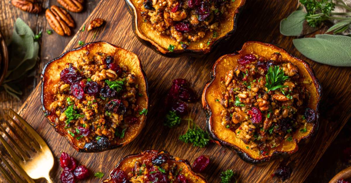Stuffed Acorn Squash With Ground Turkey, Cranberries, And Pecans
